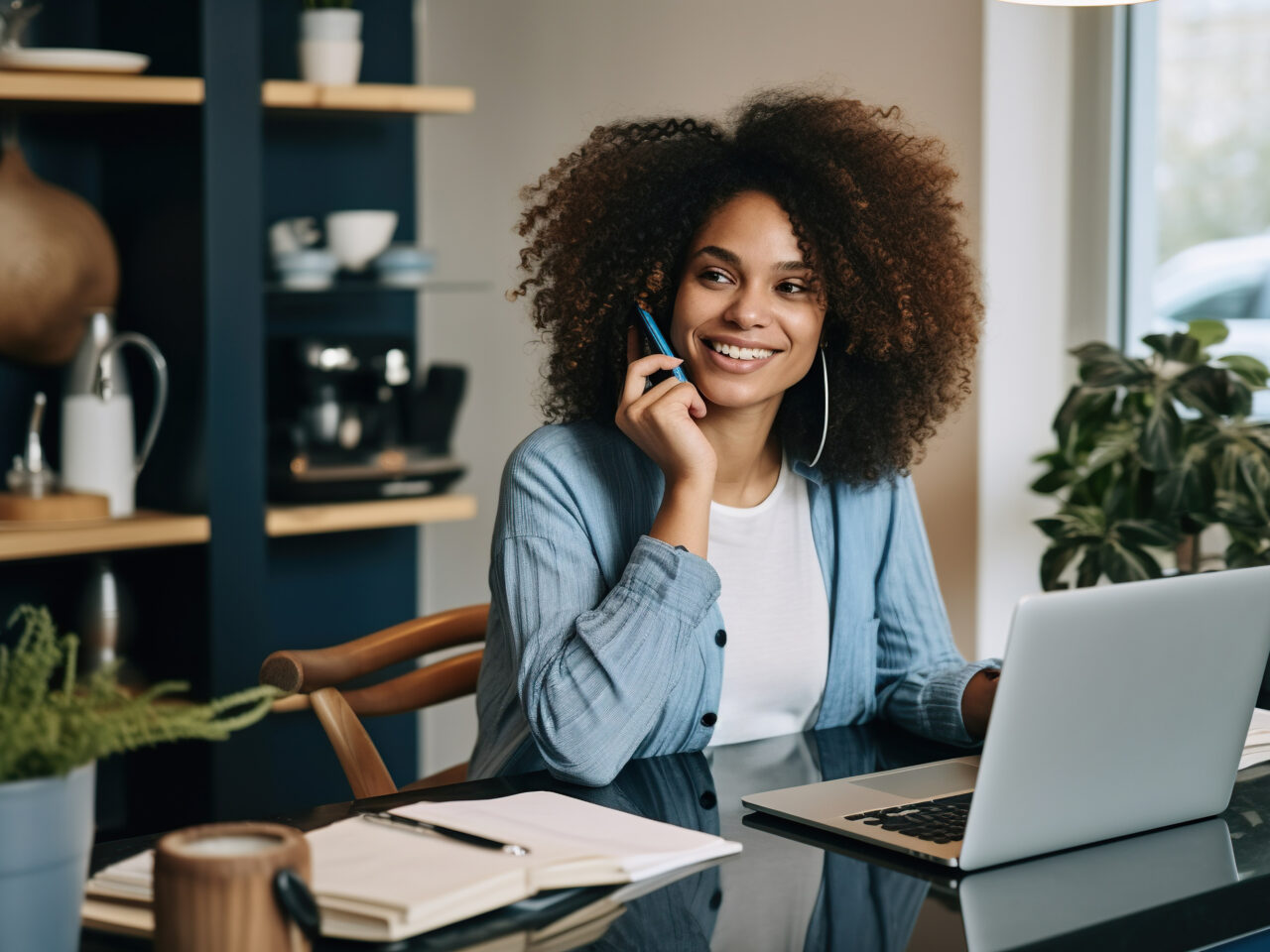 African American Female entrepreneur talking over mobile phone and looking at camera while working over laptop at home
