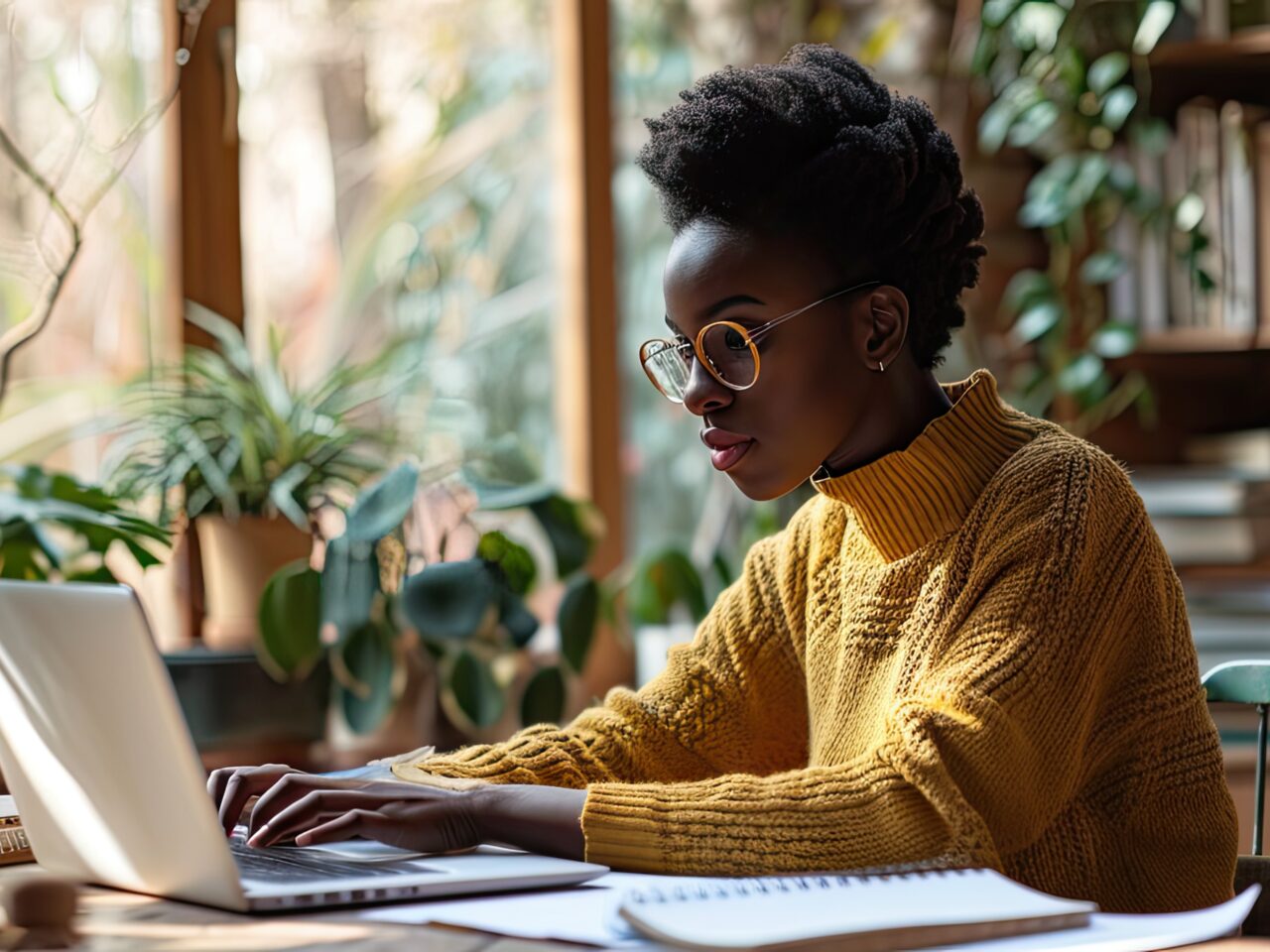 Smiling young black woman sitting at desk working on laptop taking notes in notebook happy millennial female study watching webinar using computer writing check list banner panorama free copy s